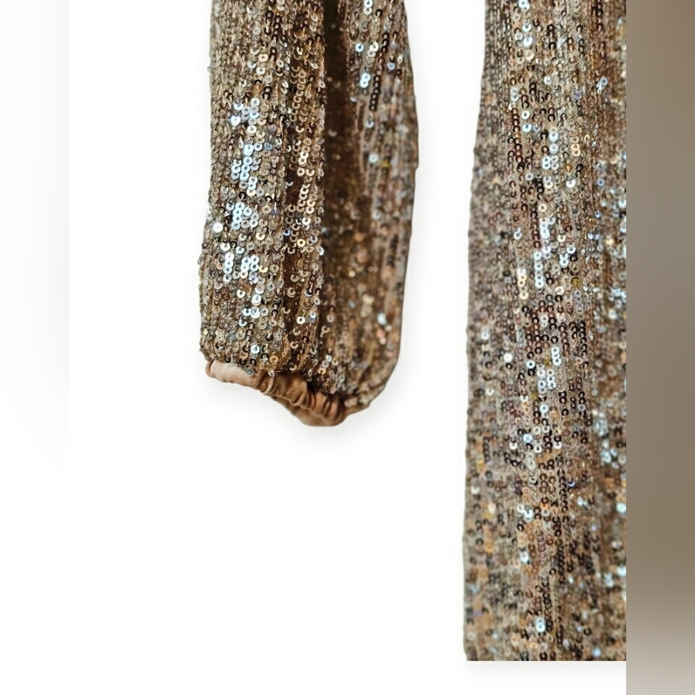 Express Gold Lush Sequins Vneck Longsleeve Flowy Holiday Formal Midi Dress - Picture 5 of 11